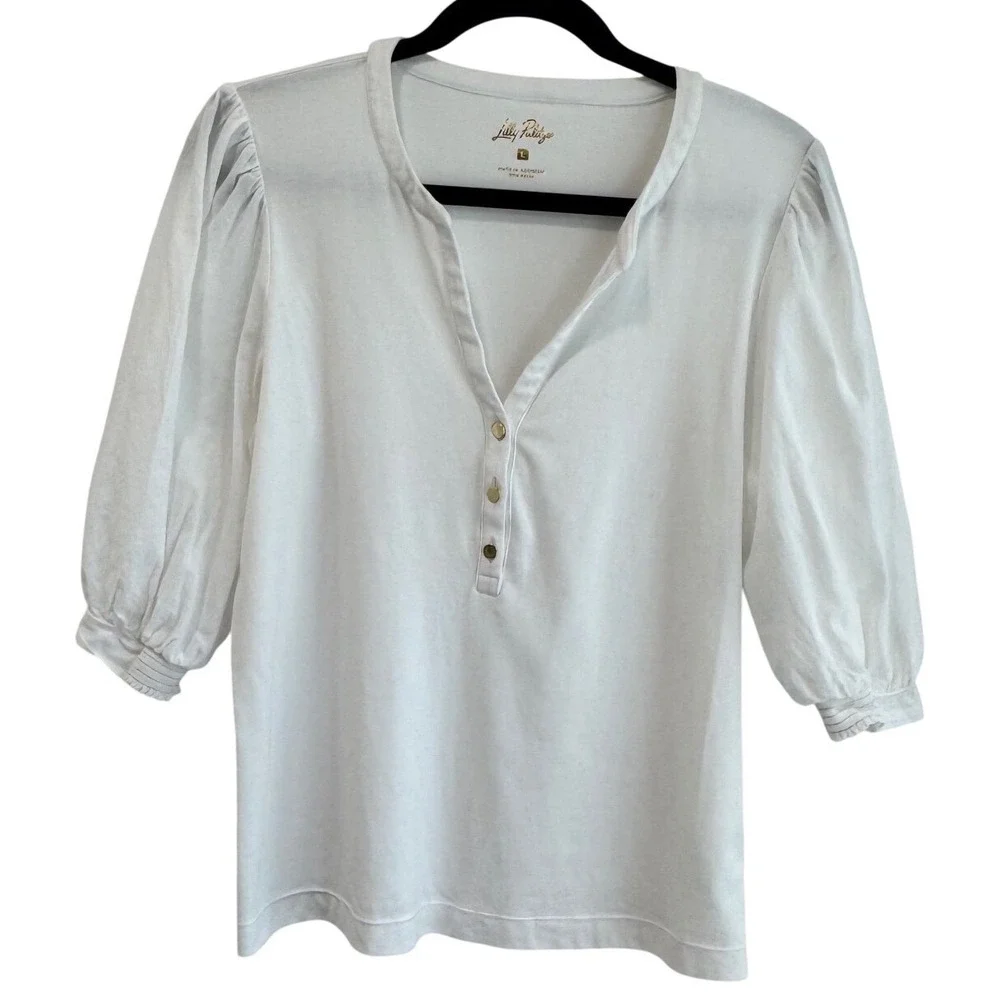 Lilly Pulitzer Womens White Puff Sleeve Henley Top Split Neck Gold Buttons L